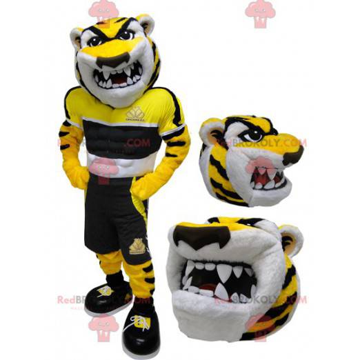 Mascote tigre amarelo preto e branco parecendo feroz -