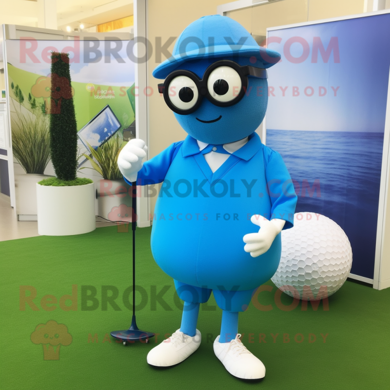 Blue Golf Ball mascot costume character dressed with a Trousers and Reading glasses Blue Golf Ball mascot costume character dressed with a Trousers and Reading glasses