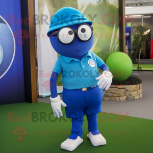 Blue Golf Ball mascot costume character dressed with a Trousers and Reading glasses