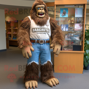 Brown Sasquatch mascot costume character dressed with a Boyfriend Jeans and Belts