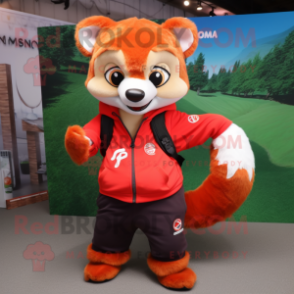 Orange Red Panda mascot costume character dressed with a Sweatshirt and Suspenders