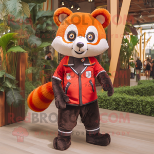 Orange Red Panda mascot costume character dressed with a Sweatshirt and Suspenders