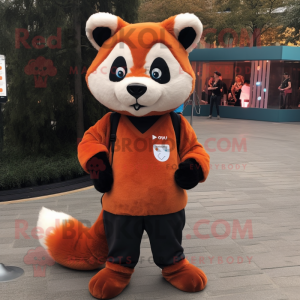 Orange Red Panda mascot costume character dressed with a Sweatshirt and Suspenders