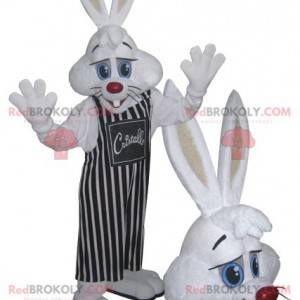 Weißes Kaninchenmaskottchen mit gestreifter Schürze -