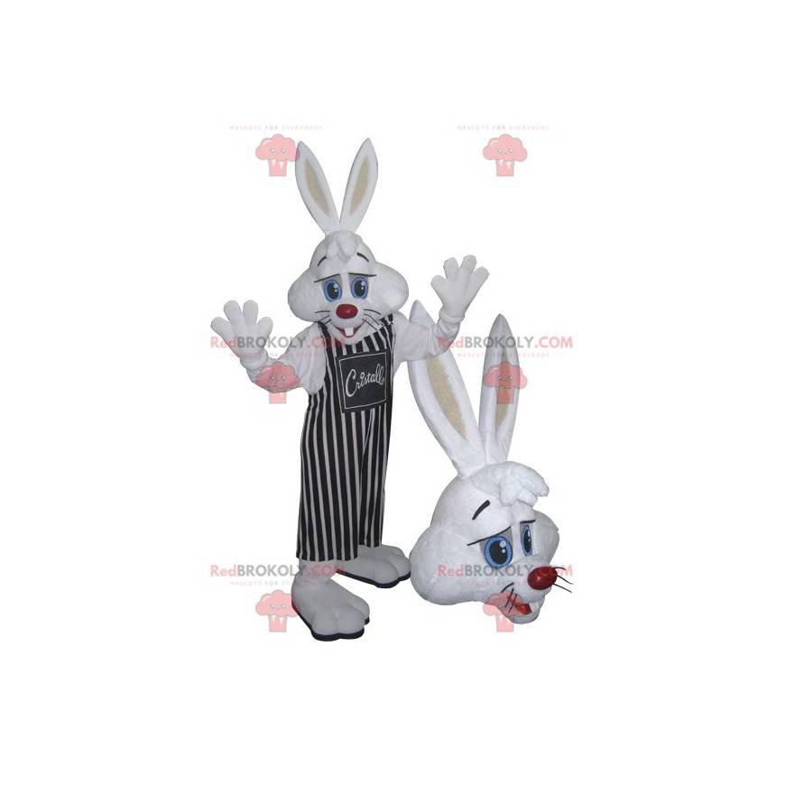 Hvit kaninmaskot med stripete forkle - Redbrokoly.com