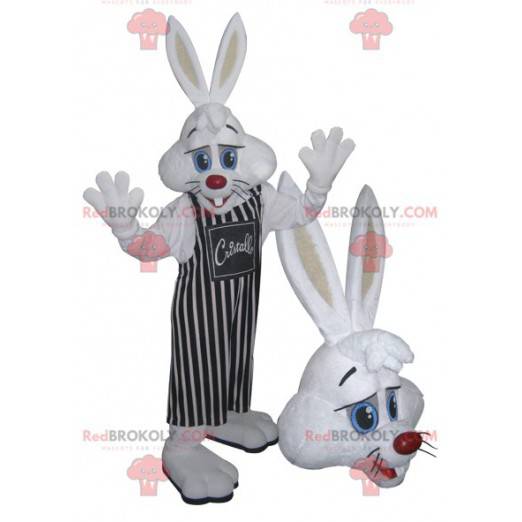 Mascotte de lapin blanc avec un tablier à rayures -
