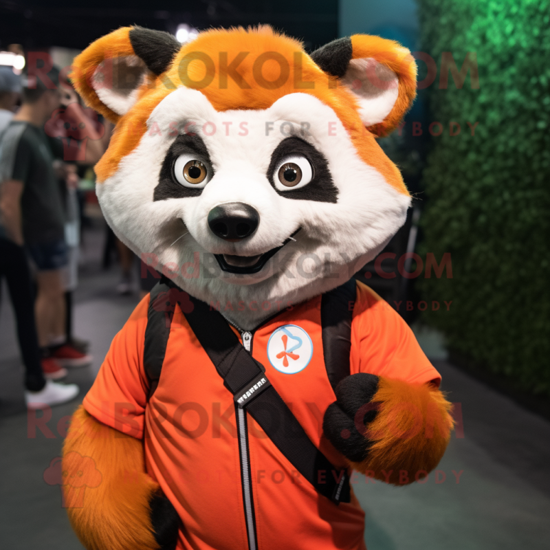 Orange Red Panda mascot costume character dressed with a Sweatshirt and Suspenders Orange Red Panda mascot costume character dressed with a Sweatshirt and Suspenders
