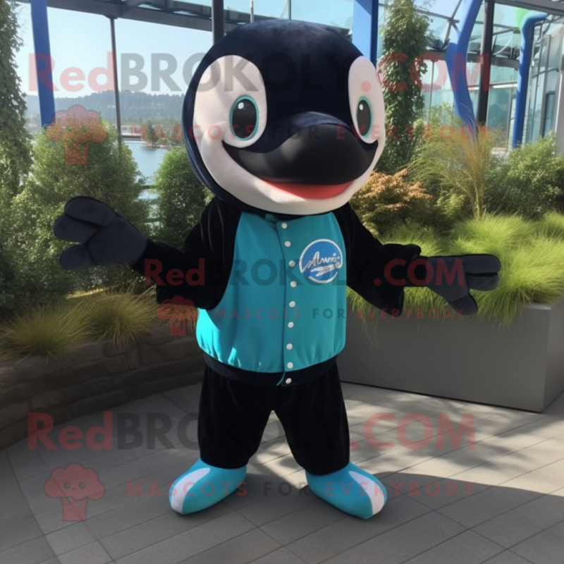 Cyan Killer Whale mascot costume character dressed with a Cardigan and Shoe laces