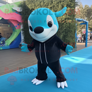 Cyan Killer Whale mascot costume character dressed with a Cardigan and Shoe laces