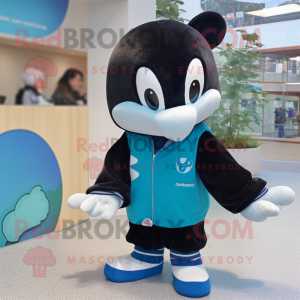 Cyan Killer Whale mascot costume character dressed with a Cardigan and Shoe laces