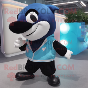 Cyan Killer Whale mascot costume character dressed with a Cardigan and Shoe laces