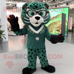 Forest Green Jaguar mascot costume character dressed with a Shift Dress and Eyeglasses