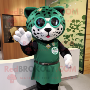 Forest Green Jaguar mascot costume character dressed with a Shift Dress and Eyeglasses