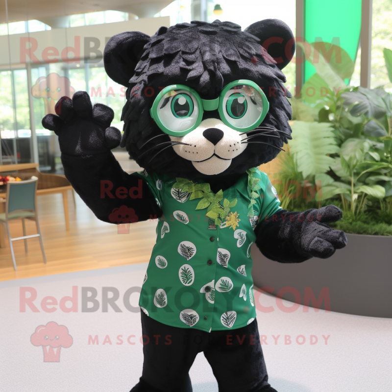 Forest Green Jaguar mascot costume character dressed with a Shift Dress and Eyeglasses