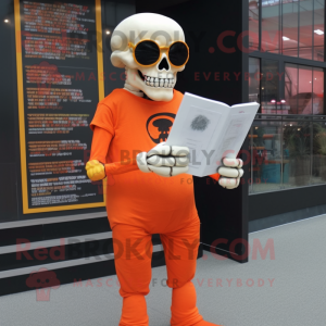 Orange Skull mascot costume character dressed with a Bodysuit and Reading glasses