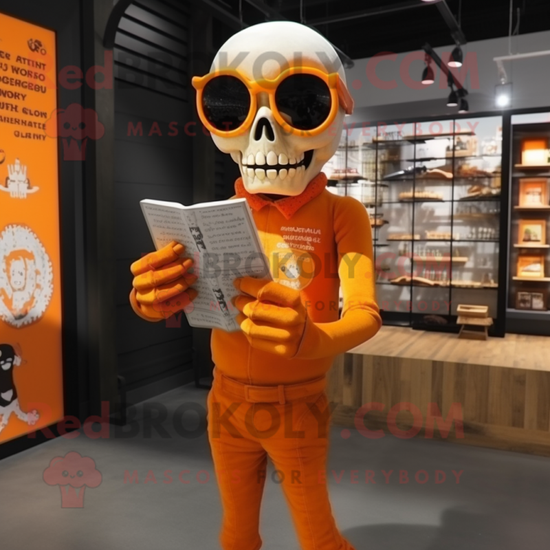 Orange Skull mascot costume character dressed with a Bodysuit and Reading glasses