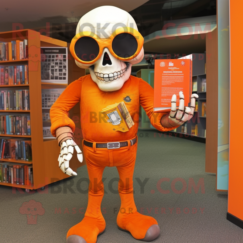 Orange Skull mascot costume character dressed with a Bodysuit and Reading glasses