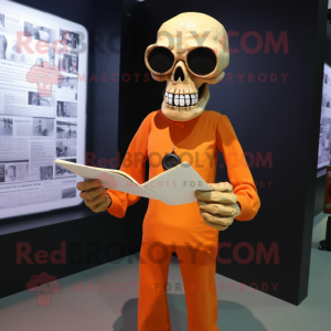 Orange Skull mascot costume character dressed with a Bodysuit and Reading glasses