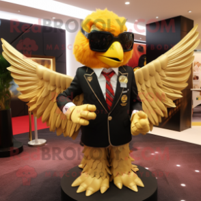 Gold Eagle mascot costume character dressed with a Suit Jacket and Keychains