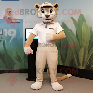 Beige Puma mascot costume character dressed with a Capri Pants and Bracelet watches