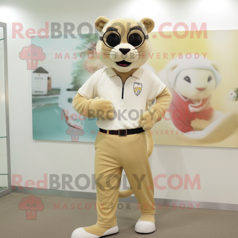Beige Puma mascot costume character dressed with a Capri Pants and Bracelet watches Beige Puma mascot costume character dressed with a Capri Pants and Bracelet watches