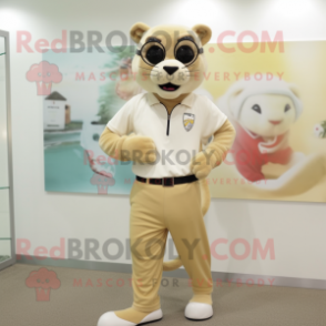 Beige Puma mascot costume character dressed with a Capri Pants and Bracelet watches