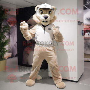 Beige Puma mascot costume character dressed with a Capri Pants and Bracelet watches