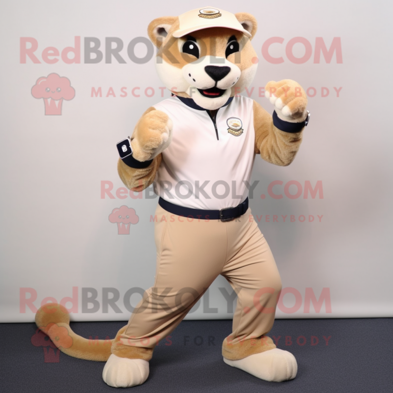 Beige Puma mascot costume character dressed with a Capri Pants and Bracelet watches Beige Puma mascot costume character dressed with a Capri Pants and Bracelet watches