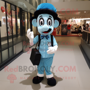 Cyan Mime mascot costume character dressed with a Oxford Shirt and Backpacks