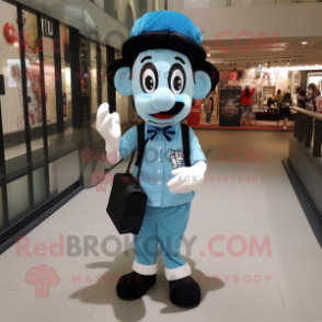 Cyan Mime mascot costume character dressed with a Oxford Shirt and Backpacks