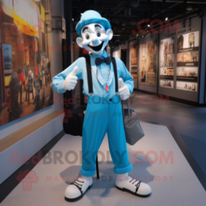 Cyan Mime mascot costume character dressed with a Oxford Shirt and Backpacks