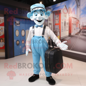 Cyan Mime mascot costume character dressed with a Oxford Shirt and Backpacks