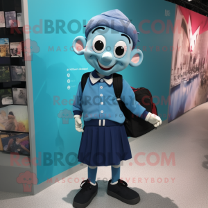 Cyan Mime mascot costume character dressed with a Oxford Shirt and Backpacks