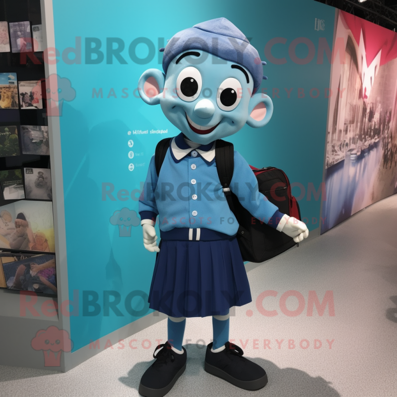 Cyan Mime mascot costume character dressed with a Oxford Shirt and Backpacks Cyan Mime mascot costume character dressed with a Oxford Shirt and Backpacks