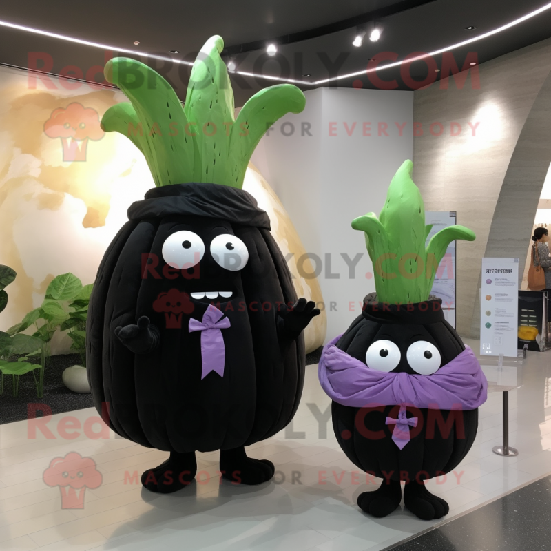 Black Turnip mascot costume character dressed with a Mini Dress and Hairpins