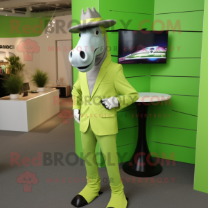 Lime Green Quagga mascot costume character dressed with a Suit Pants and Caps