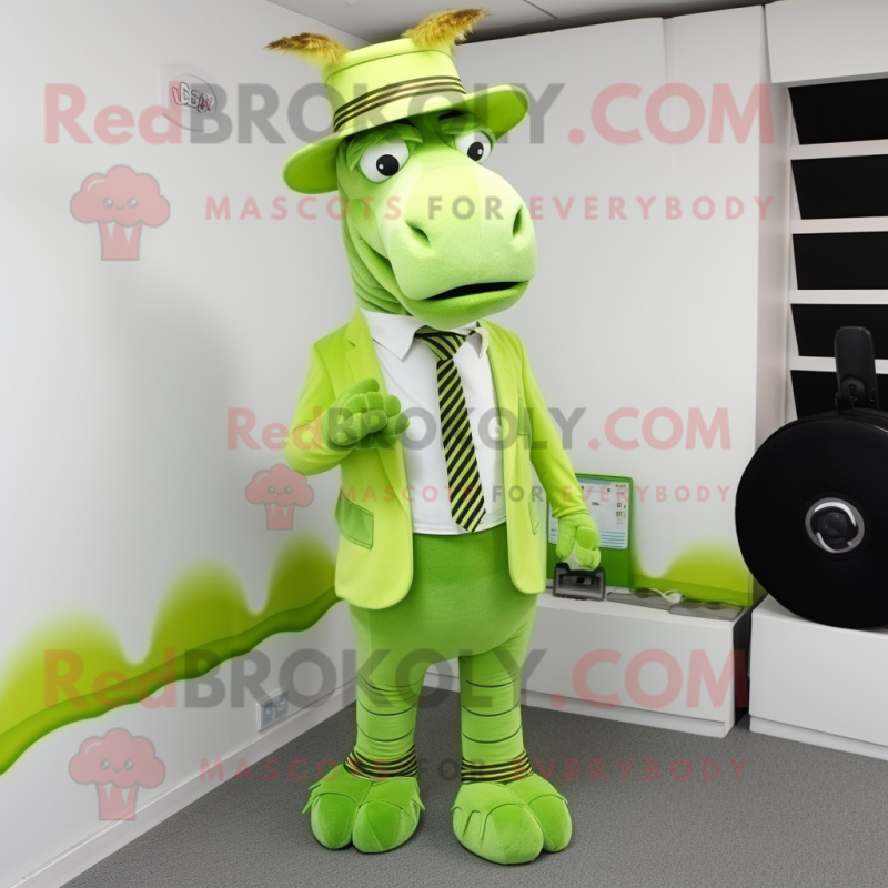 Lime Green Quagga mascot costume character dressed with a Suit Pants and Caps