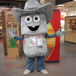 Gray Enchiladas mascot costume character dressed with a Flare Jeans and Clutch bags