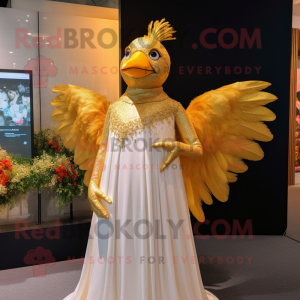 Gold Blackbird mascot costume character dressed with a Wedding Dress and Hairpins