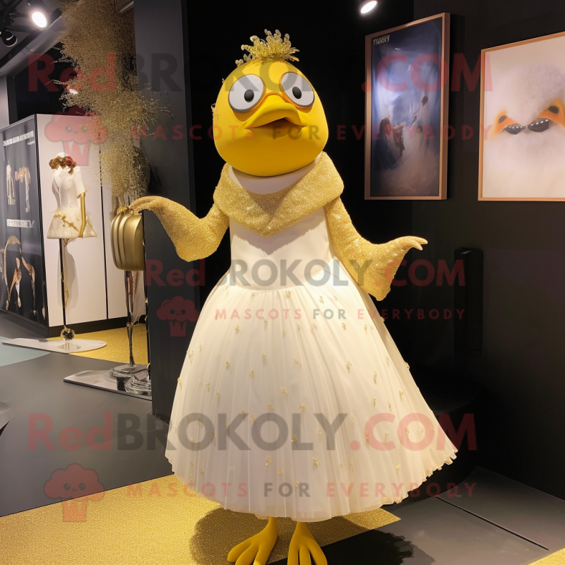 Gold Blackbird mascot costume character dressed with a Wedding Dress and Hairpins