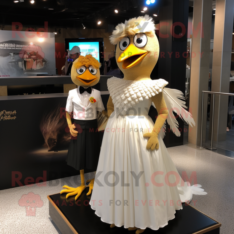 Gold Blackbird mascot costume character dressed with a Wedding Dress and Hairpins Gold Blackbird mascot costume character dressed with a Wedding Dress and Hairpins