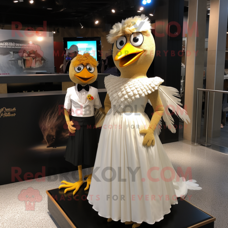 Gold Blackbird mascot costume character dressed with a Wedding Dress and Hairpins