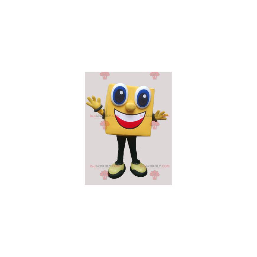 Mascote do boneco de neve amarelo quadrado e sorridente -