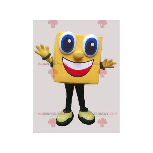 Mascote do boneco de neve amarelo quadrado e sorridente -