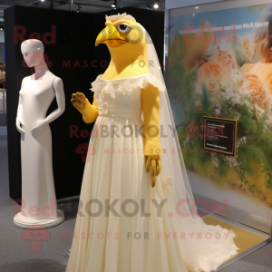 Gold Blackbird mascot costume character dressed with a Wedding Dress and Hairpins