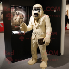 Cream Gorilla mascot costume character dressed with a Blazer and Clutch bags