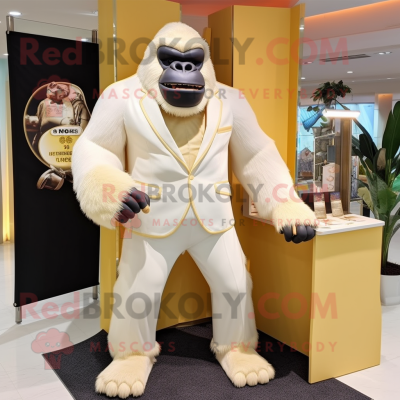 Cream Gorilla mascot costume character dressed with a Blazer and Clutch bags