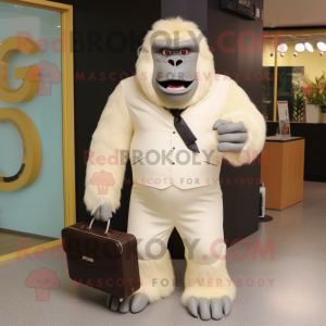 Cream Gorilla mascot costume character dressed with a Blazer and Clutch bags