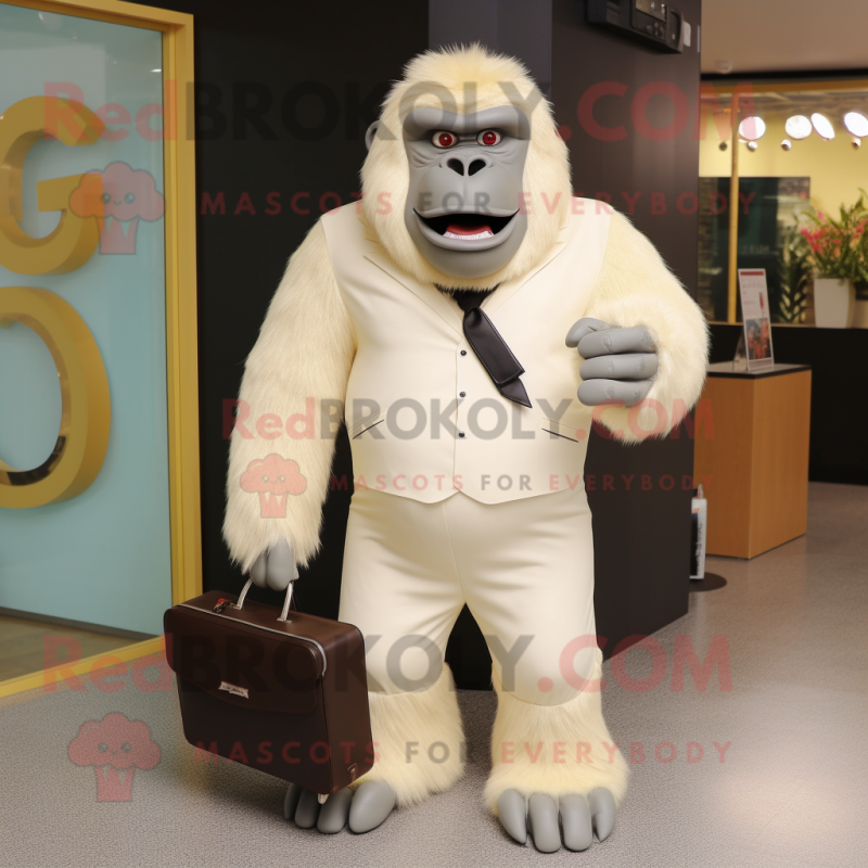 Cream Gorilla mascot costume character dressed with a Blazer and Clutch bags