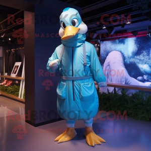 Cyan Goose mascot costume character dressed with a Raincoat and Suspenders